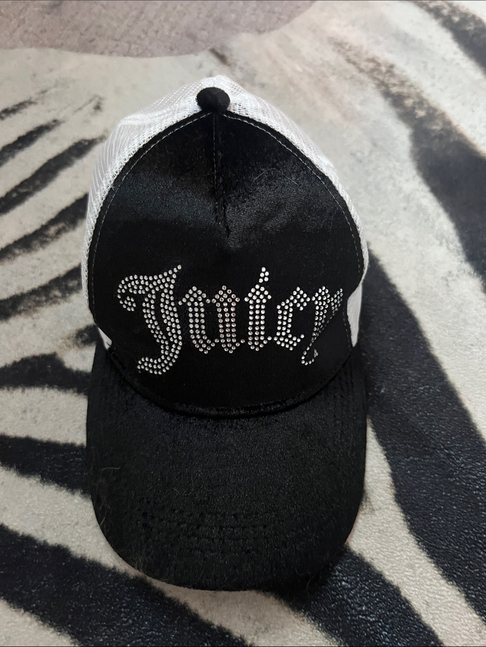 Juicy Couture Black and White Rhinestone Logo Trucker Hat